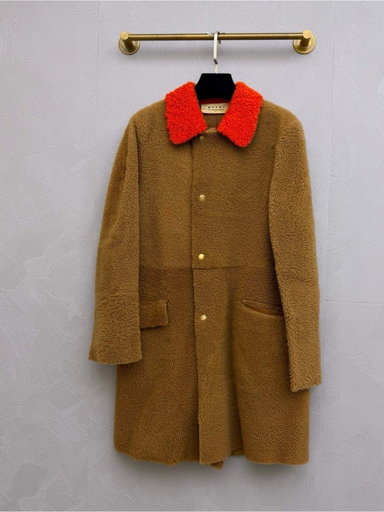 Marni Jackets & Blazers - 🚩steal Marni Brown Shearling Pea Coat with Red Collar